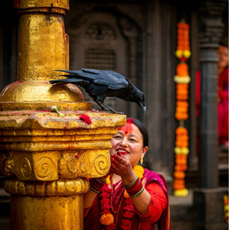 Crows being offered delicious foods by Women during Kaag Tihar Crows Worshipping Festival In Nepal