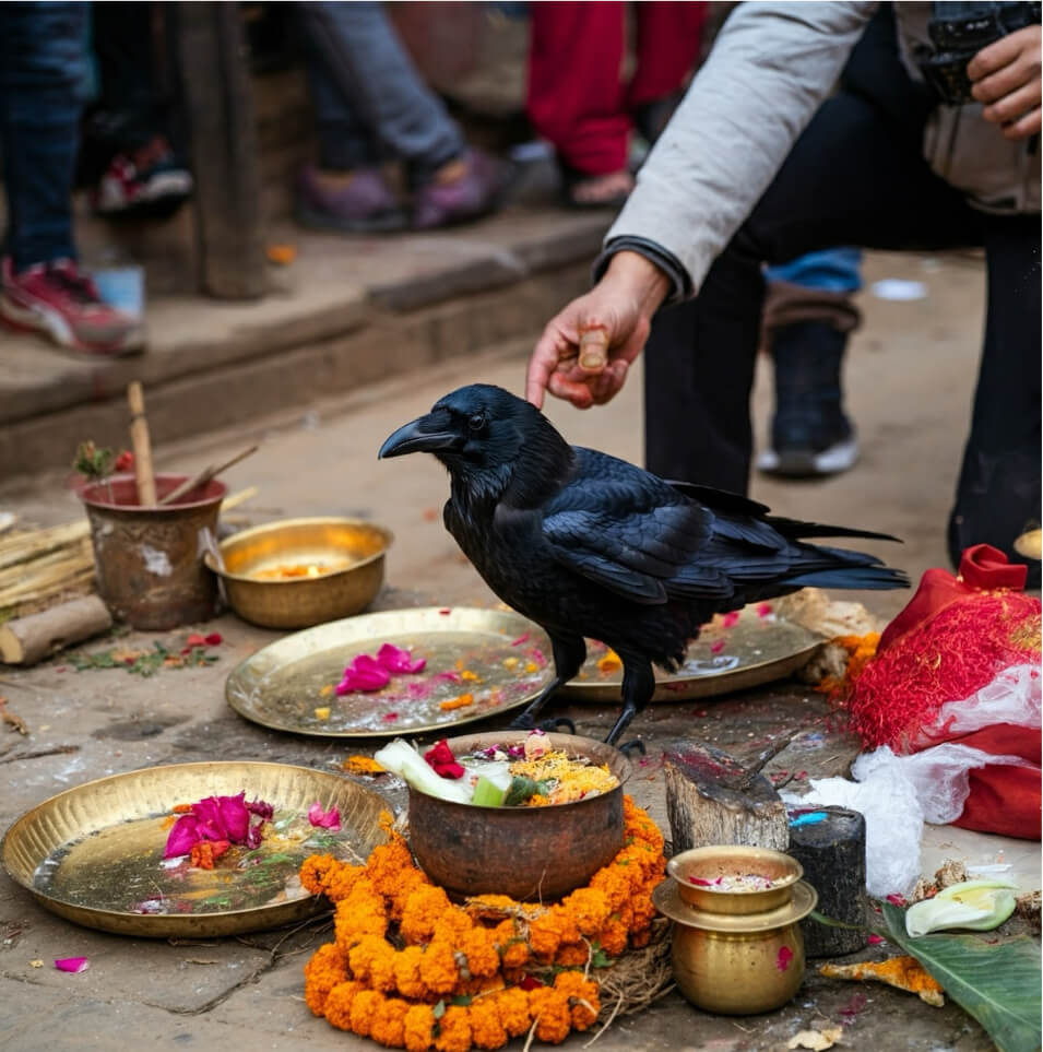 Worshipping Crows during Kaag Tihar in Nepal