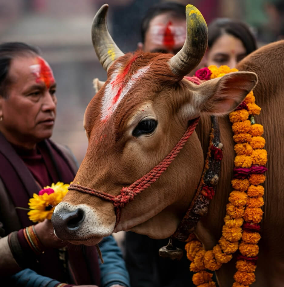 Man Feeding Cow During Gai Tihar, Cow Worshipping Festival In Nepal