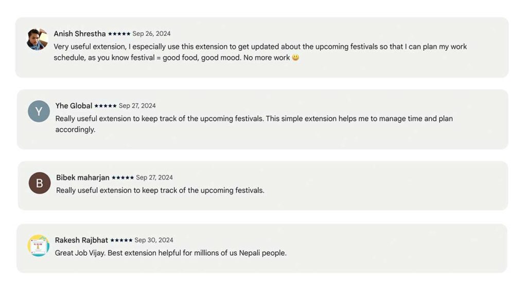 Nepali Festivals Tracker User Review on Chrome Web Store