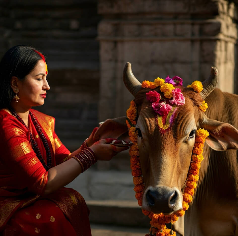 Women Worshipping Cow During Gai Tihar,cow Worshipping Festival In Nepal